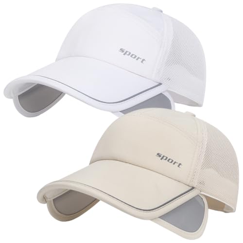 2Pcs Mesh Back Baseball Cap with Retractable Brim for Men Women UV Sun Protection Breathable Tennis Golf Visors Hats - color: White&beige
