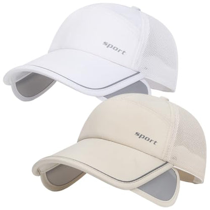 2Pcs Mesh Back Baseball Cap with Retractable Brim for Men Women UV Sun Protection Breathable Tennis Golf Visors Hats - color: White&beige