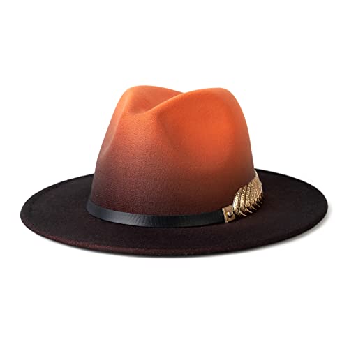 Women Gradient Color Fedora Wide Brim Felt Hat - color: Orange/Black