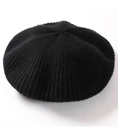 Cashmere Berets Hats Women Winter Warm Merino Wool Knitted Oversized Beige Beanie - color: Black