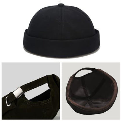 Mens Docker Cap Brimless Skullcap Sailor Cap Rolled Cuff Retro Beanie Hat - color: Pure Black