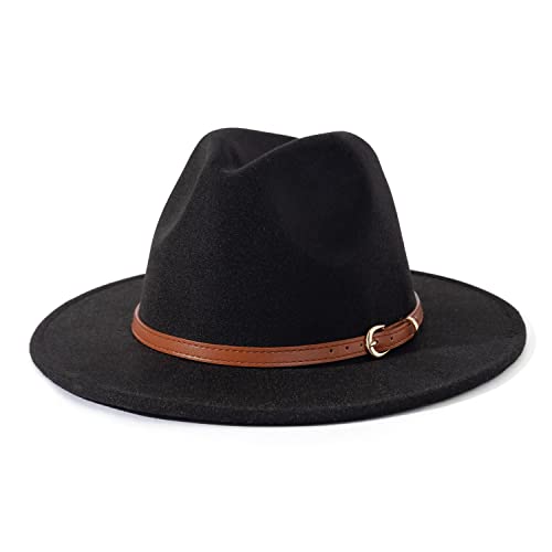 Lisianthus Women Classic Felt Fedora Wide Brim Hat with Belt Buckle - color: R Brown Belt-black