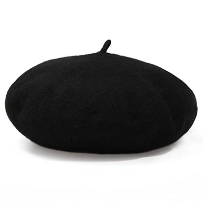 Women French Wool Beret Hats - Solid Color Classic Beanie Winter Cap - color: Thicker-black
