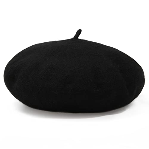 Women French Wool Beret Hats - Solid Color Classic Beanie Winter Cap - color: Thicker-black