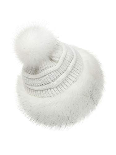 Soul Young Women's Faux Fur Hat Russian Cossack Knit Pompom Hat Ski Snow Cap for Winter Outdoor - color: White