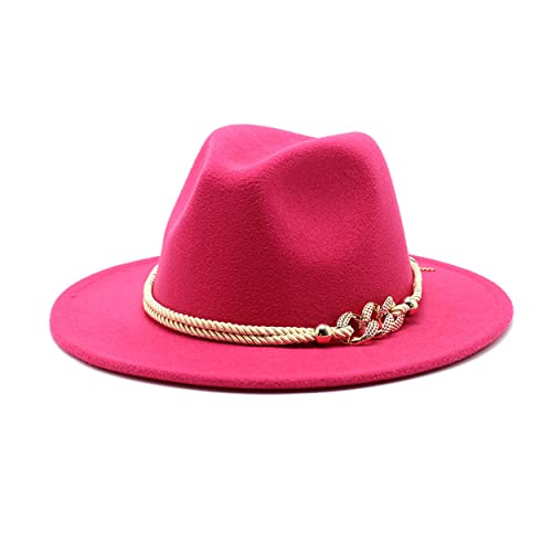 Lady Wide Brim Felt Fedora Panama Hat with Ring Belt - color: Hotpink, size: Medium
