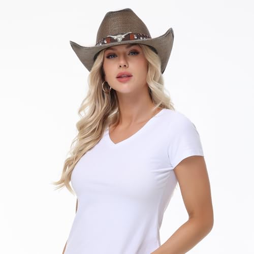 WQWOVRVO Cowboy Hat,Cowgirl hat,Brown Cowboy Hats for Women/Mens Straw Wide with Shapeable Brim Western Cowboy Hat for Womens - color: Dark Brown
