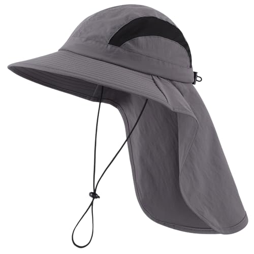 Home Prefer UPF 50+ Sun Hats for Men Women Wide Brim Fishing Hat with Neck Flap UV Protection Sunblock Safari Bucket Hat - color: Dark Grey