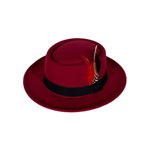 Wool Felt Fedora Hats for Women Men, Wide Brim Flat Top Hat Porkpie Hat, Jazz Hat with Feather Unisex - color: Wine Red