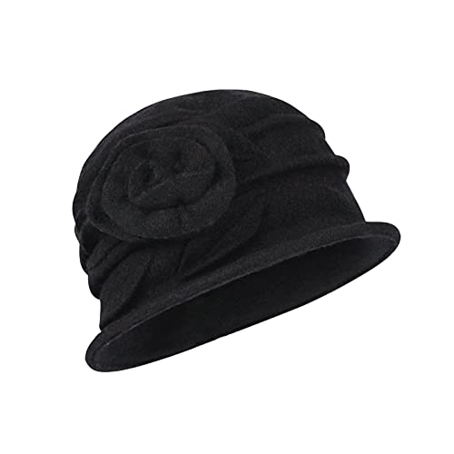 Wool Cloche Bucket Hat for Women 1920s Floral Bowler Cap Elegant Church Dress Cap Winter Warm Fedora Hat - color: Black