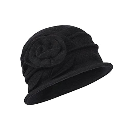 Wool Cloche Bucket Hat for Women 1920s Floral Bowler Cap Elegant Church Dress Cap Winter Warm Fedora Hat - color: Black