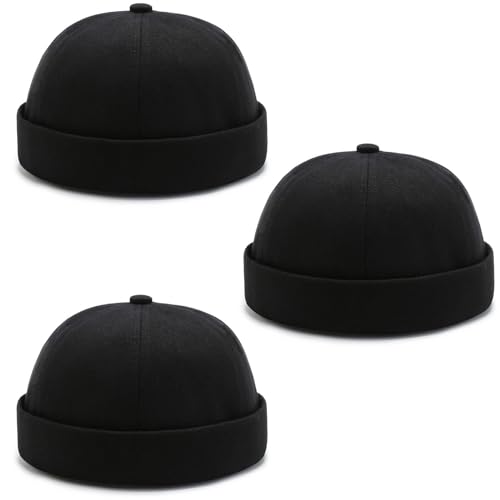 DIYDECAL 3 Pack Mens Brimless Skullcap Sailor Docker Cap Rolled Cuff Retro Beanie Hat - color: Black