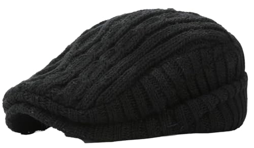 Winter Knitted Newsboy Hat for Women Men Vintage Thick Beret Ivy Cap Warm French Style Flap Hats Ear Pretection - color: Black