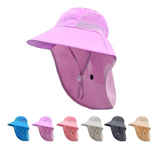 Rosoz Kids Sun Hat with Neck Flap UV Protection Summer Toddler Beach Hat Unisex Ponytail Hat Wide Brim Fishing Hat - color: 1pack-purple