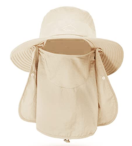 Fishing Hat for Men & Women, Sun Protection Hat with Face Cover & Neck Flap - color: Beige