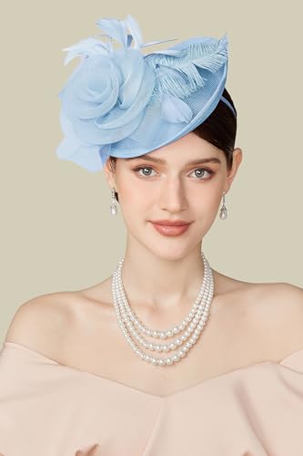BABEYOND Fascinators Hats for Women Tea Party Mesh Flower Pillbox Derby Hat - color: Light Blue
