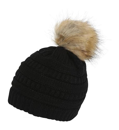 Gravity Threads Cable Knit Faux Fur Pom Pom Beanie Hat - color: Black