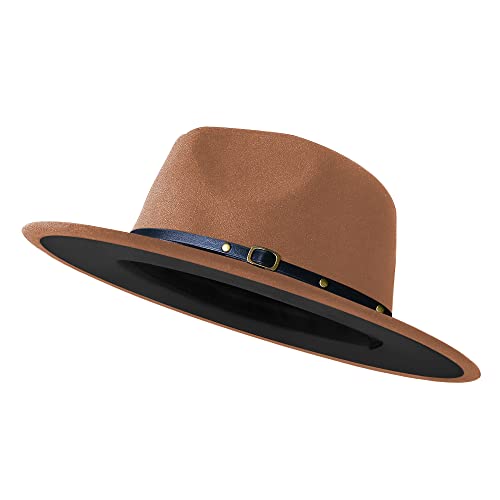 Wide Brim Fedora Hats for Women Men Two Tone Dress Hat Felt Panama Hat in Two Audlt Size - color: Khaki&black, size: Small-Medium