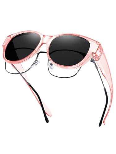 Wzerry Polarized Fit Over Glasses Sunglasses for Women Cat Eye UV400 - color: A08 L Size Transparent Pink/Grey