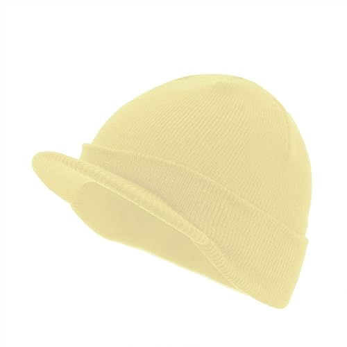 The Vintage Year Visor Beanie Billed Knit Radar Cuff Skull Cap Sports Outdoor Winter Stretch Acrylic One Size Men Women - color: L. Yellow
