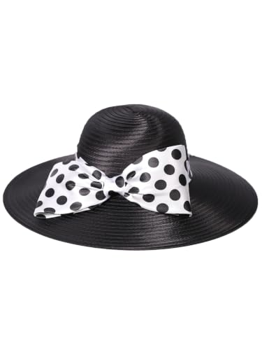 Women Wide Brim Rose Black Patchwork Kentucky Hat for Wedding Party Hat Big Bowknot Polka Dots Fedora Hats - color: Black