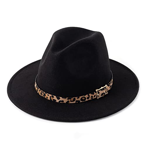 Women's Wide Brim Felt Fedora Panama Hat with Leopard - color: Black