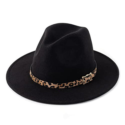 Women's Wide Brim Felt Fedora Panama Hat with Leopard - color: Black
