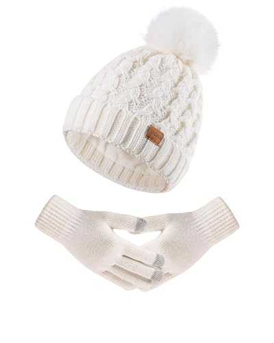 Women Winter Beanie Hat Gloves Set Pom Hat with Warm Fleece Lined Touchscreen Gloves for Cold Weather - color: White