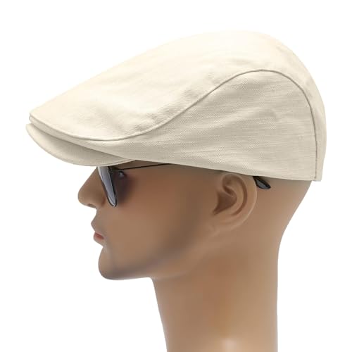 ZLYC Men Cotton Flat Cap Summer Scally Newsboy Beret Driver Hat - color: Back Buckle Beige