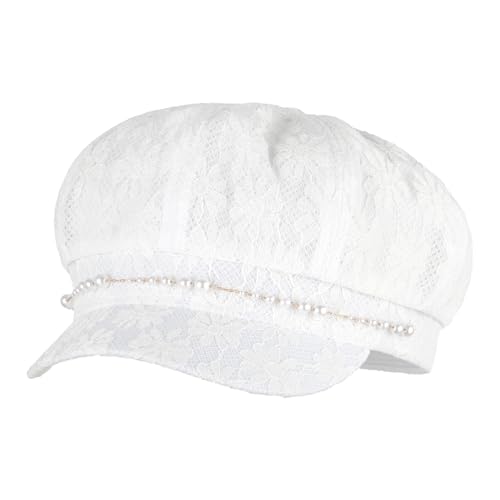 Women Pearl Chain Lace Cotton Blend Newsboy Cap Visor Paperboy Painter Hat - color: White