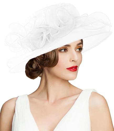 Women's Kentucky Derby Church Dress Hat Wide Brim Leaf Flower Bridal Shower Hat - color: A8 White