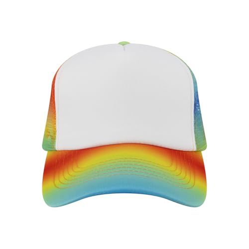 TOPTIE 5 Panel Foam Front Trucker Hat High Crown Mesh Back Snapback Cap - color: Rainbow White
