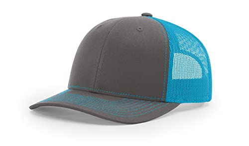 Richardson 112 Trucker Hat - Premium Blank Baseball Cap, Adjustable Snapback Hat - Structured Six Panel Richardson Blank Hats - color: Charcoal/Neon Blue