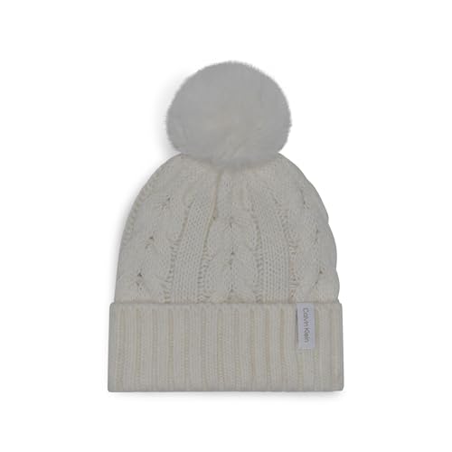 Calvin Klein Women's Cable Knit Beanie with Faux Fur Pom - color: Cream