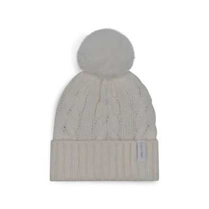Calvin Klein Women's Cable Knit Beanie with Faux Fur Pom - color: Cream