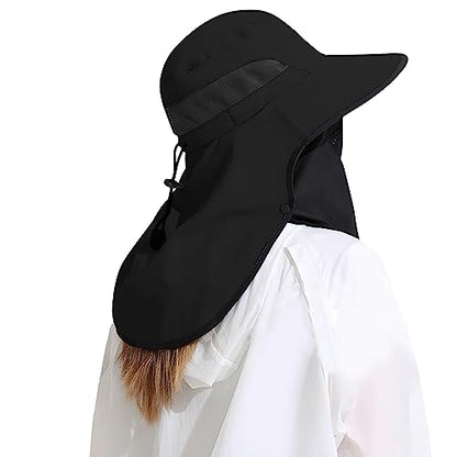 Outdoor Sun Hat Detachable Neck Face Flap UPF 50+UV Protection Visor Fishing Hats with Neck Flap for Men & Women - color: Black