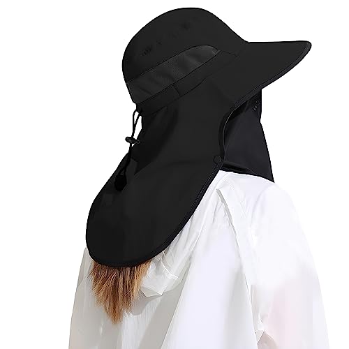 Outdoor Sun Hat Detachable Neck Face Flap UPF 50+UV Protection Visor Fishing Hats with Neck Flap for Men & Women - color: Black
