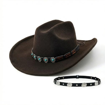 Western Cowboy Hat for Women, Shapable Wide Brim Felt Cowgirl Hat with 2 Bands for Party Festival - color: Brown