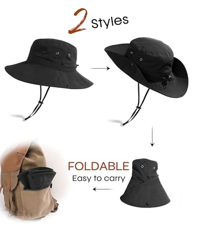 FURTALK Sun Hats for Women Wide Brim Bucket Hat Ponytail Hole Outdoor UPF - color: Black