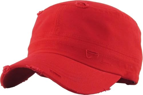 Vintage Distressed Cadet Army Cap Basic Everyday Military Style Hat - color: Red Vintage Distressed