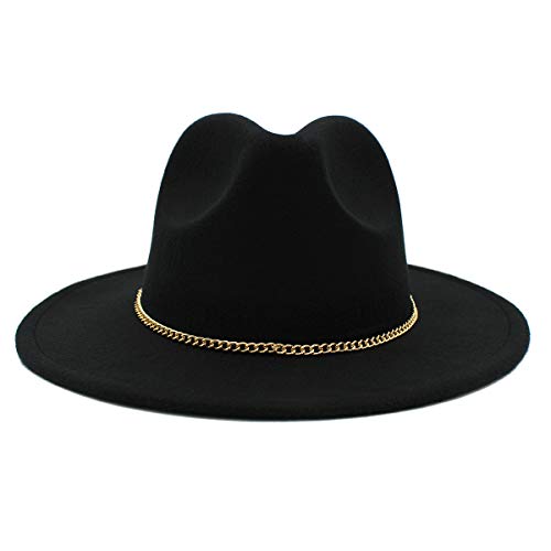 Premium 3" Wide Brim Solid Color Felt Gold Chain Fedora Panama Hat - color: Black
