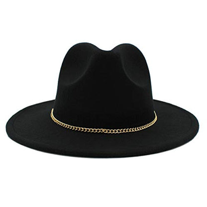 Premium 3" Wide Brim Solid Color Felt Gold Chain Fedora Panama Hat - color: Black