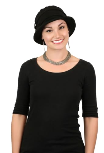 Fleece Flower Cloche Hat for Women Chemo Cancer Ladies Headwear 50+ UPF - color: Black