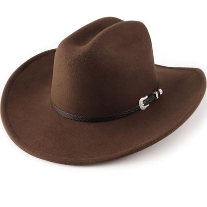 AQOKKA Western Cowboy Hats for Women Classic Felt Wide Brim Fedora Hat with Belt Buckle Retro Panama Hat Unisex Rolled up Cap - color: 1 Pc Fedora Hat : Coffee
