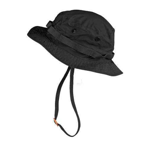 Mil-Tec Unisex Cotton Ripstop Boonie Hat - Durable Lightweight Tactical Outdoor Vented Wide Brim Hat w/Adjustable Chin Strap - color: Black, size: Medium