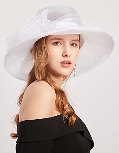 Women's Kentucky Derby Church Dress Hat Wide Brim Leaf Flower Bridal Shower Hat - color: G3 White