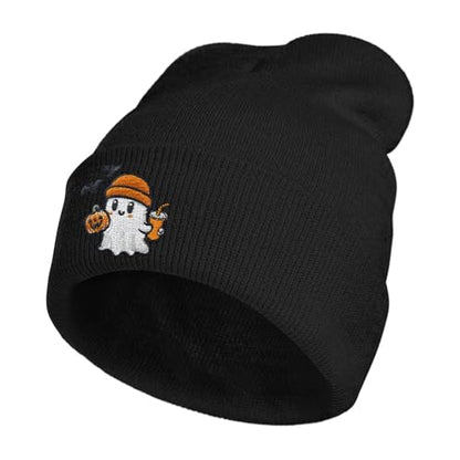Embroidered Beanie Halloween Goth Knit Hat for Men Women - color: Halloween Funny Ghost Pumpkin