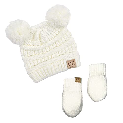 Funky Junque Baby Double Faux Fur Pom Pom Beanie & Mittens Set – Newborn Infant 0–9 Months Winter Hat with Soft Lined Mittens - color: Ivory (0-9 Months)
