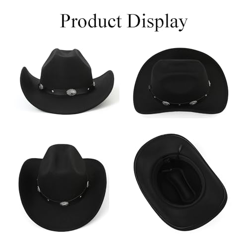Classic-Western-Cowboy-Hat Upturn-Brim-Felt-Cowgirl-Hat Rodeo-Hat & Belt - color: Black 2