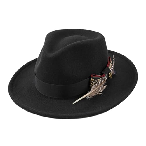 PURFUN Vintage Feather Felt Fedora Hat for Men Women Classic Short Brim Jazz Dance Party Wedding Trilby Bowler Panama Hat - color: Bow&feather/Black